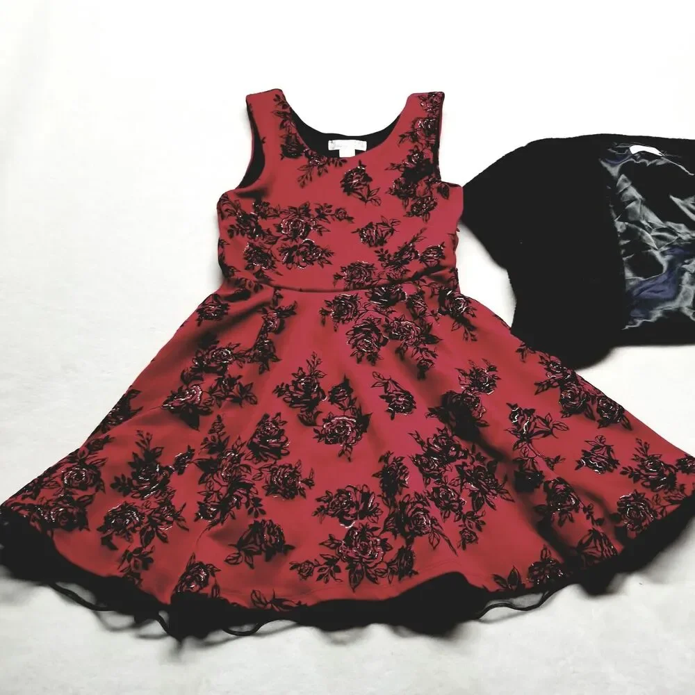 Knit Works Girls 12 Dress Formal Black Red Floral Faux Fur Jacket Holiday
